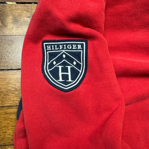 Y2K Tommy Hilfiger Rugby Red and Navy Men's Hoodie Size Large - Picture 3 of 5